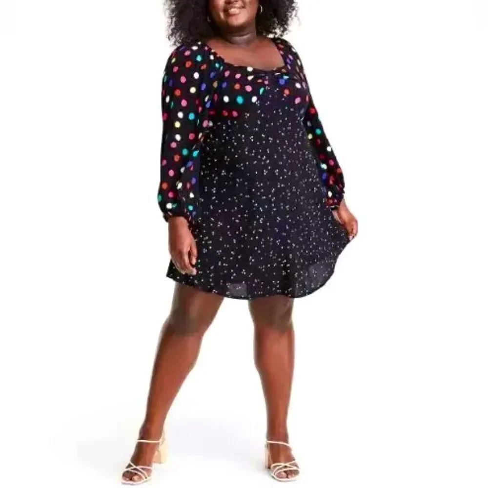 RIXO Plus Size Polka Dot Long Sleeve Swing Dress Size 20W/22W